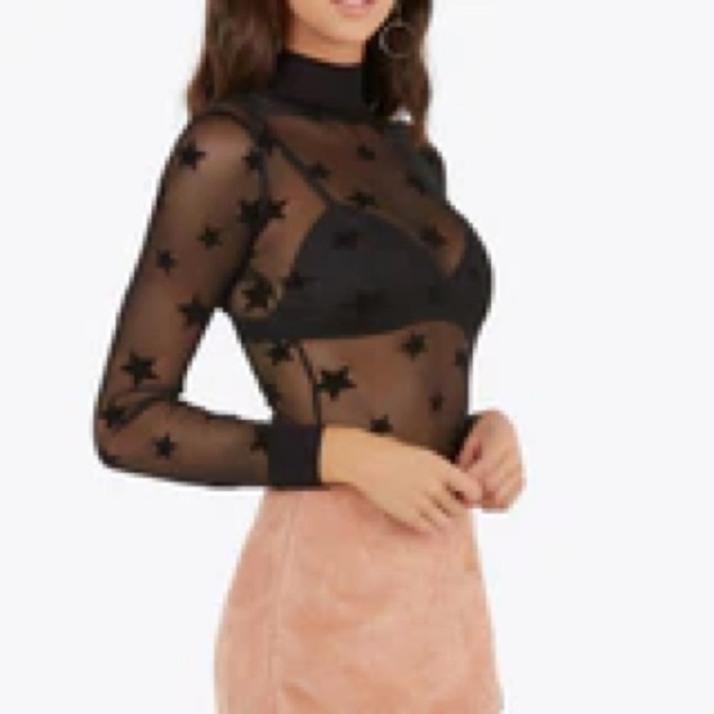 Blanc Black Mesh Star Print Thong Bodysuit